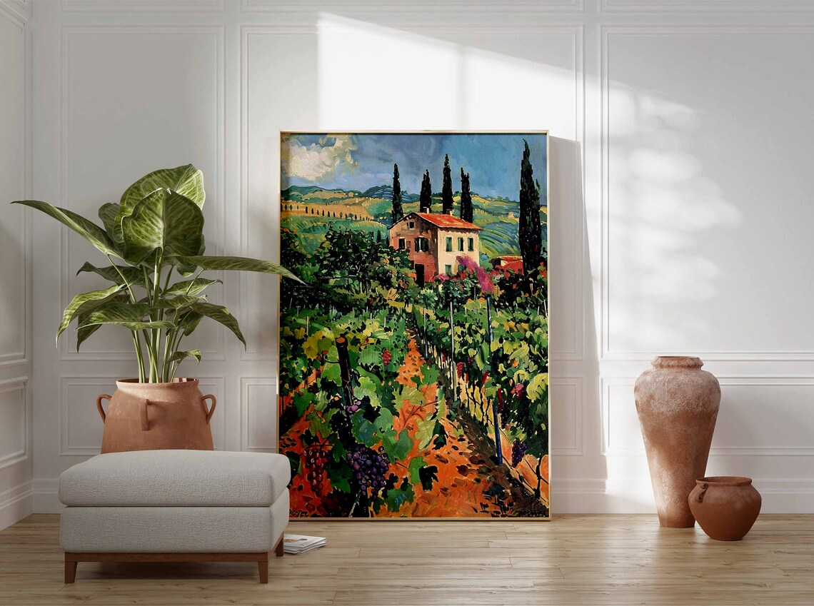 Tuscan Farmhouse Vineyard Art Poster Grape Harvest Country Scene - Image 3