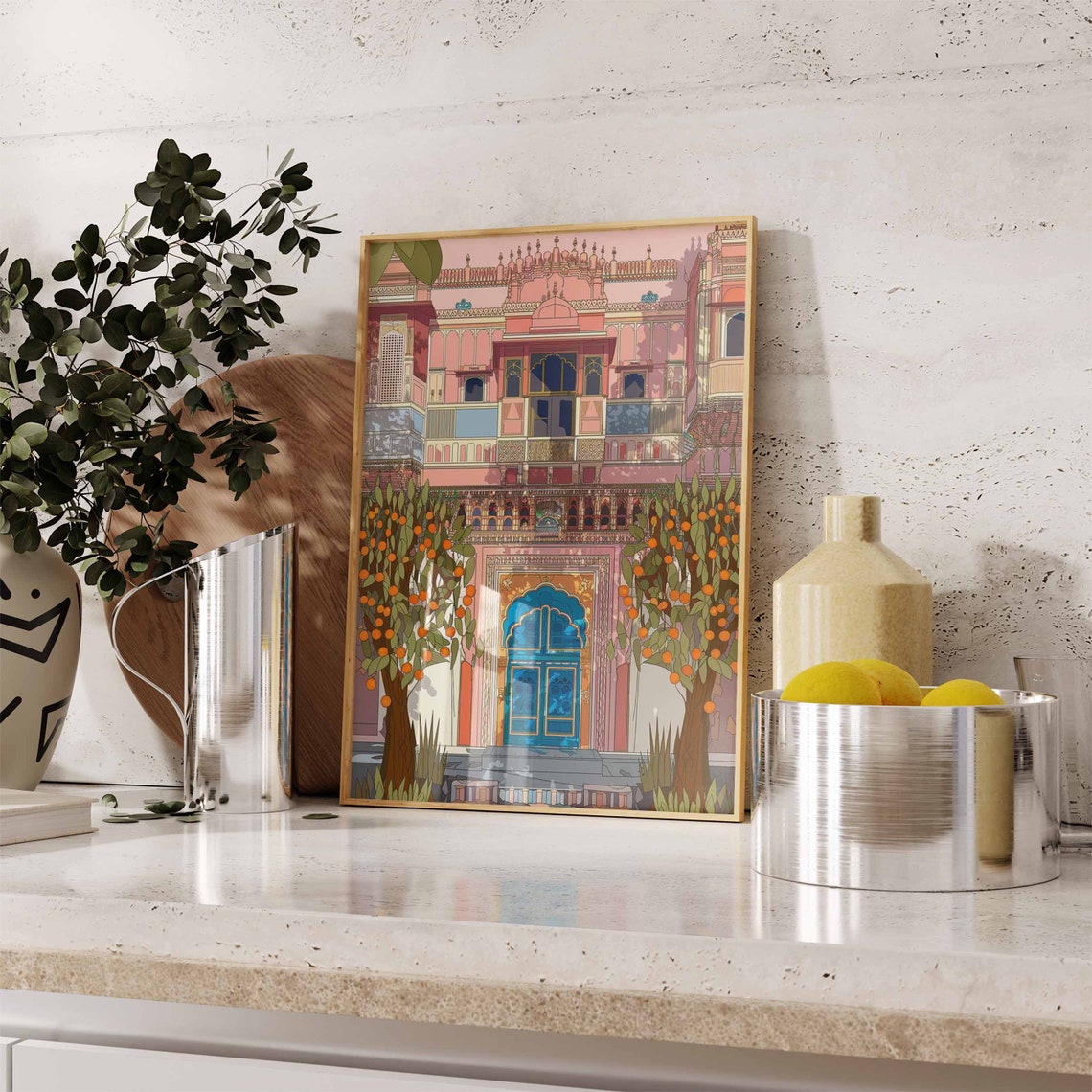 Pink Indian Palace Blue Door Orange Tree Illustration Poster - Image 3