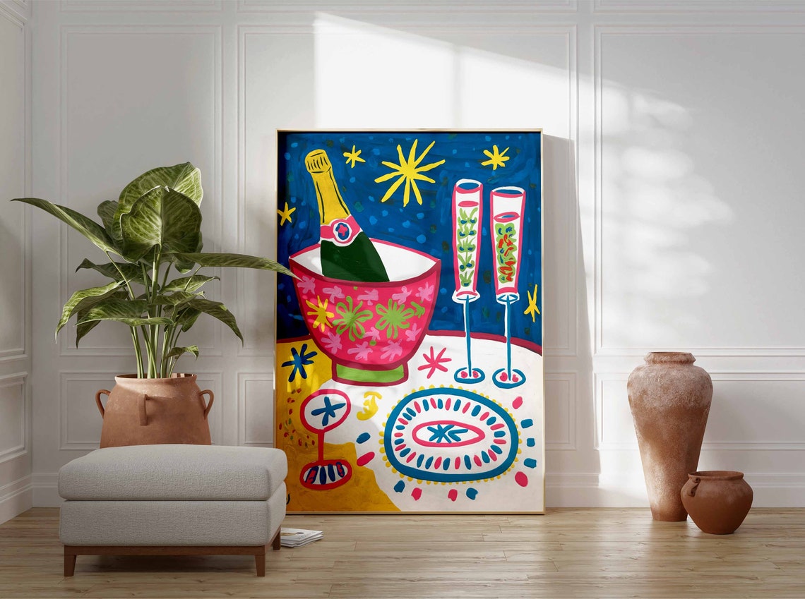 Champagne Bottle In Patterned Ice Bucket With Two Flutes Party Poster - Image 3