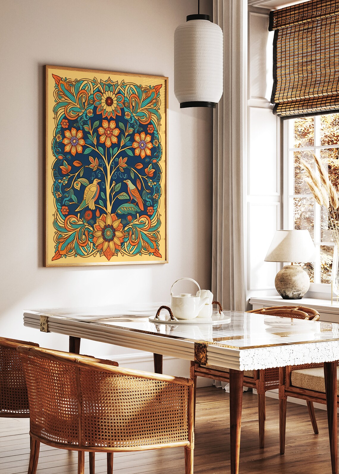 Indian Tree Of Life Floral Birds Golden Navy Border Folk Art Poster - Image 3