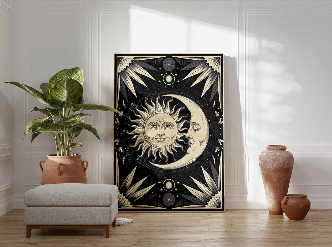 Art Deco Sun And Moon Faces Cream On Black Graphic Art Poster - Image 3