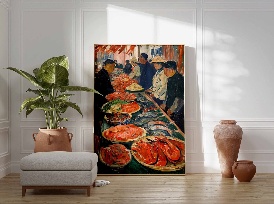 Bustling Fish Market Crowd Shrimp Display Colorful Painting Poster - Image 3