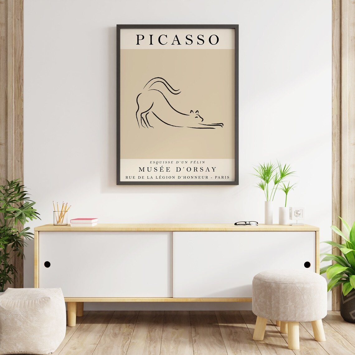 Picasso-Inspired Beige Cat Vintage Line Art Print - Image 2