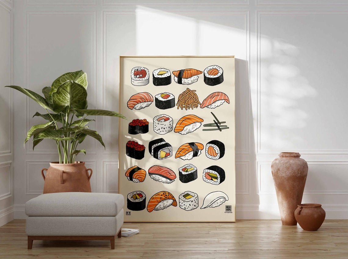 Bold Illustrated Sushi Collection Nigiri Maki Rolls Food Art Poster - Image 3