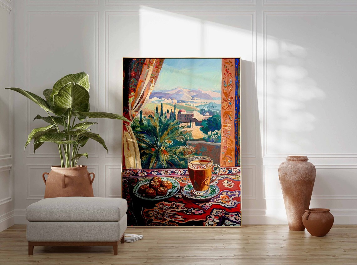 Tea and Sesame Pastries Tropical Window View Still Life Art Poster - Image 3