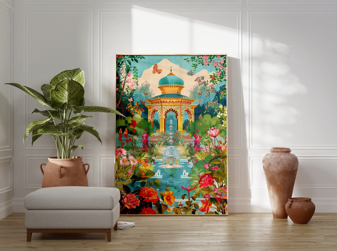 Indian Palace Garden Pavilion Colorful Floral Traditional Print - Image 3