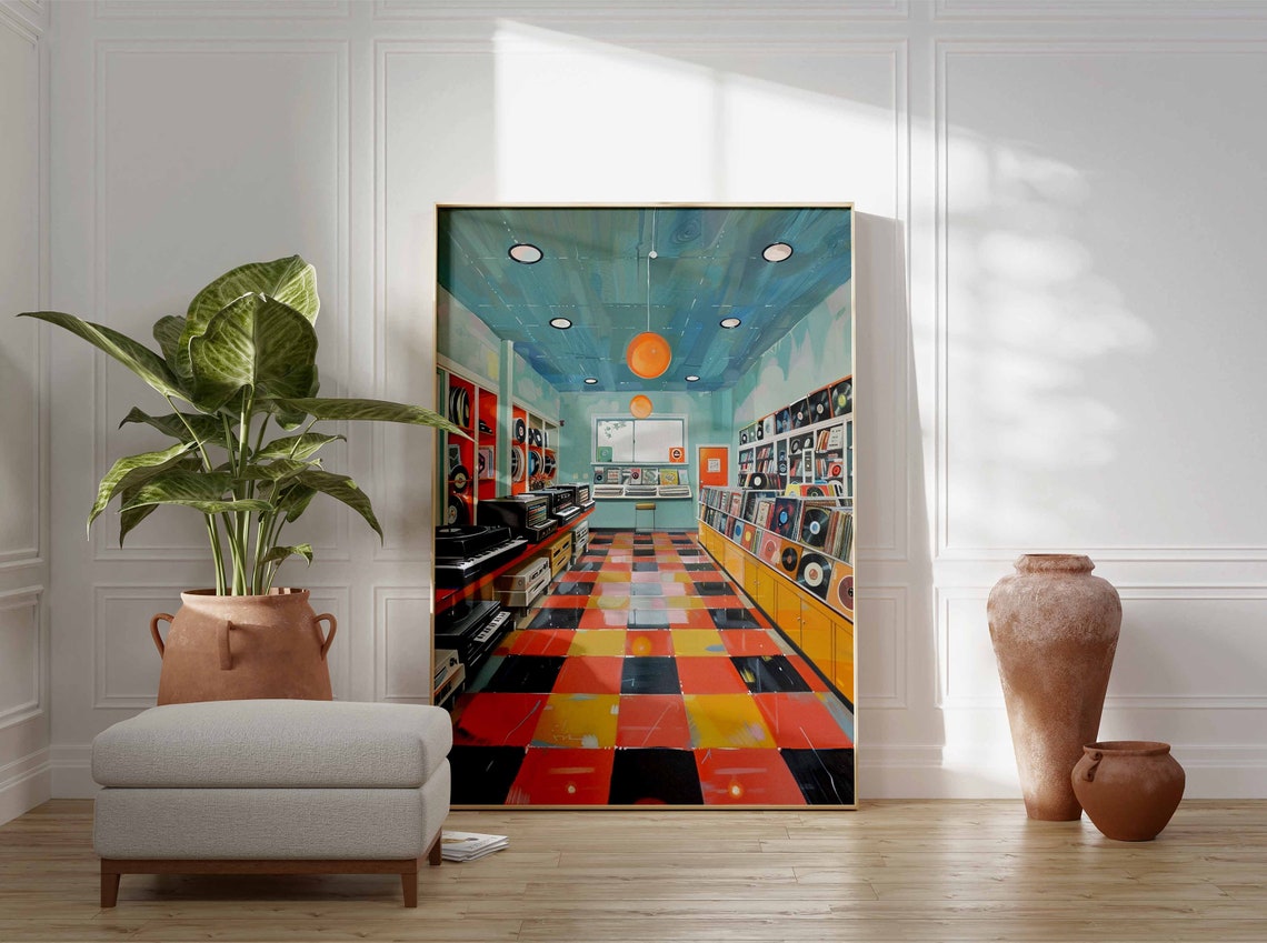 Bright Pop Style Record Store With Checkerboard Floor Poster - Image 3