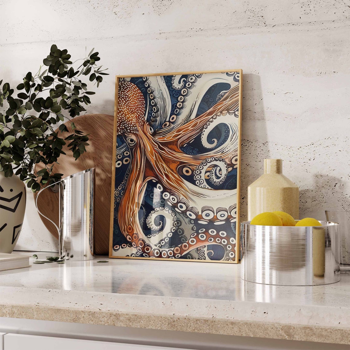 Orange Octopus Tentacles Navy Blue Waves Picturesque Wall Art - Image 3
