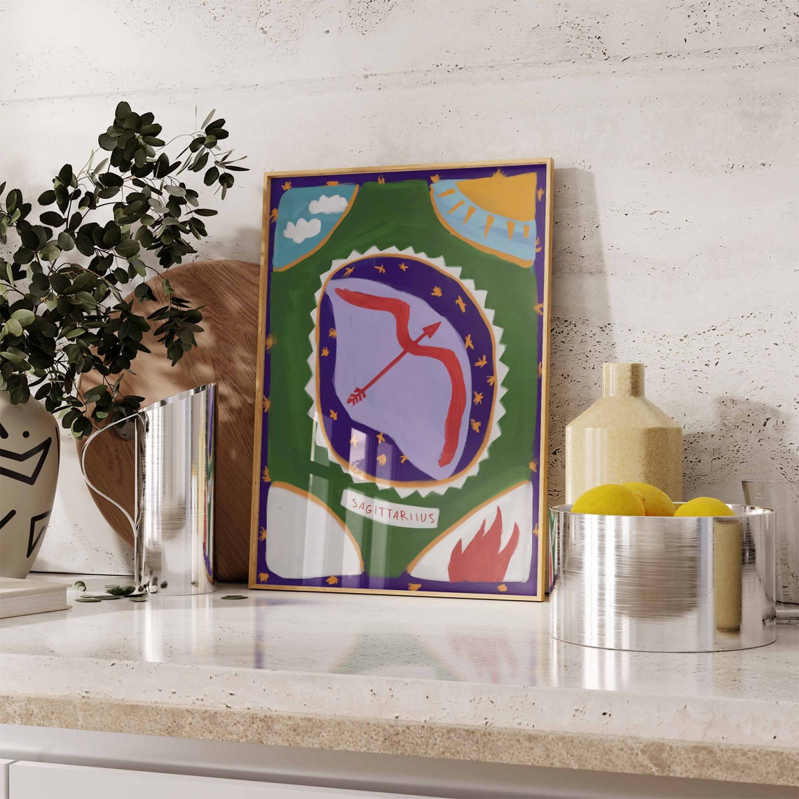Sagittarius Zodiac Bow Arrow Green Purple Celestial Art Poster - Image 3