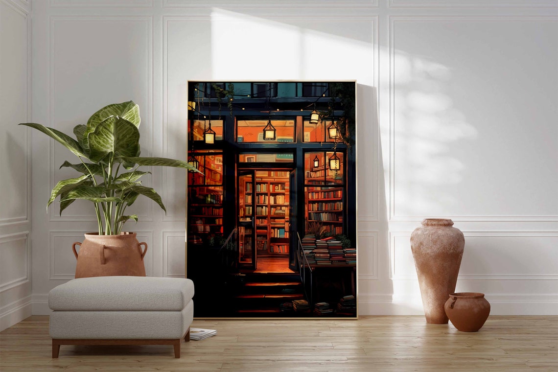 Cozy Night Bookstore Storefront Warm Lantern Light Book Shop Poster - Image 3
