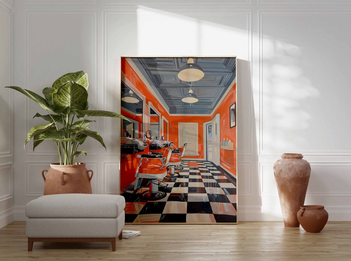 Bright Orange Barbershop Red Chairs Checkered Floor Retro Salon Poster - Image 3