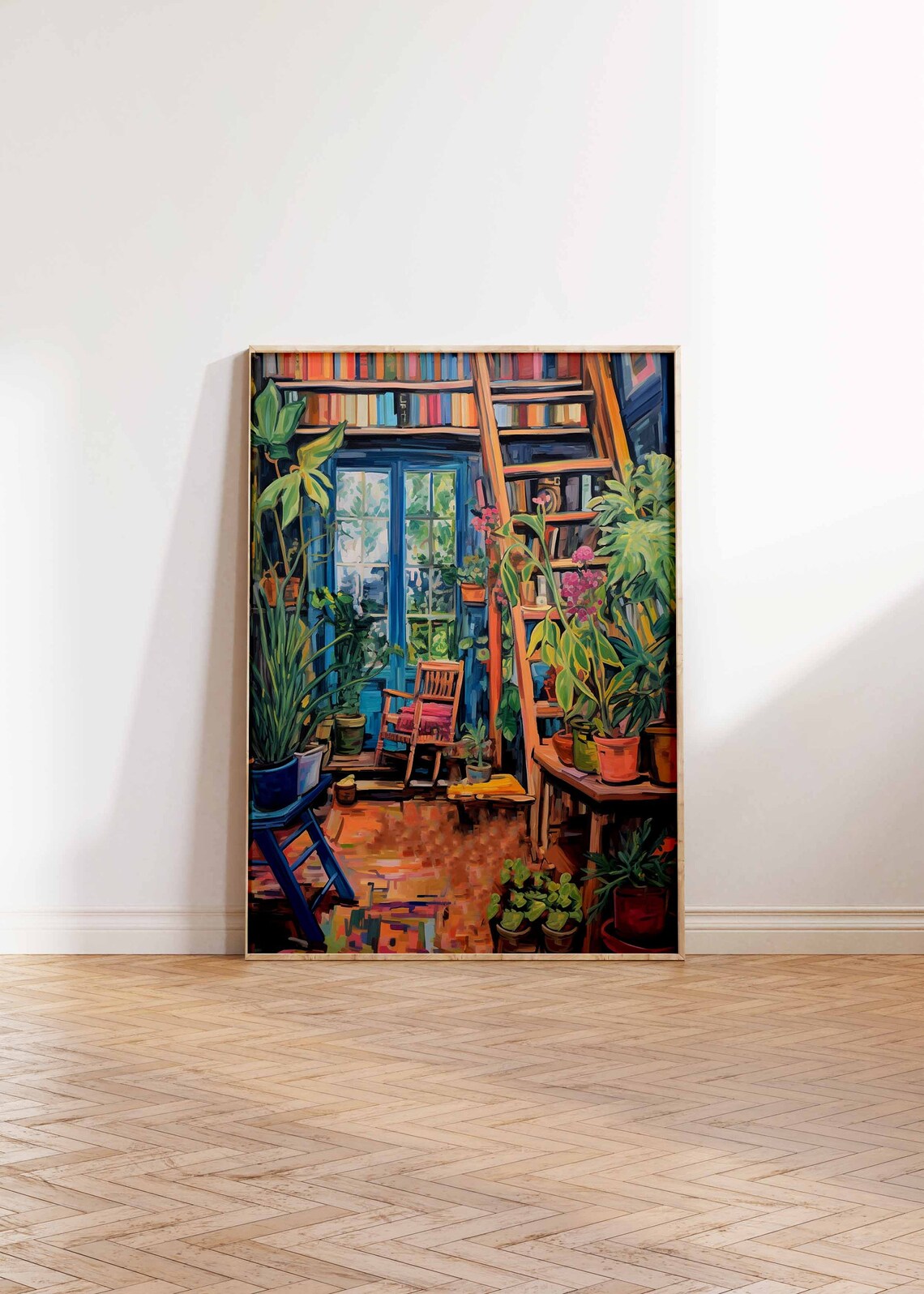 Cozy Library Interior Bookshelf Reading Nook Plant Filled Art Poster - Image 3