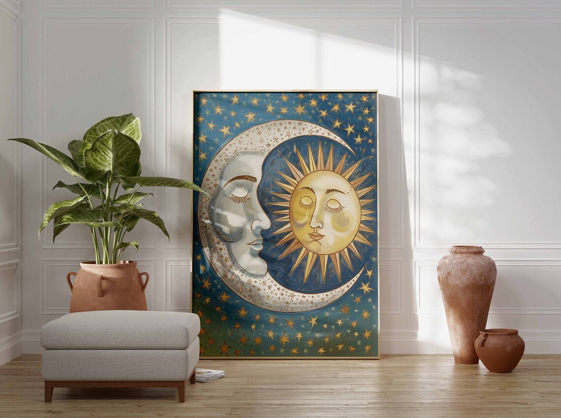 Silver Crescent Moon And Golden Sun In Dreamy Night Sky Poster - Image 3