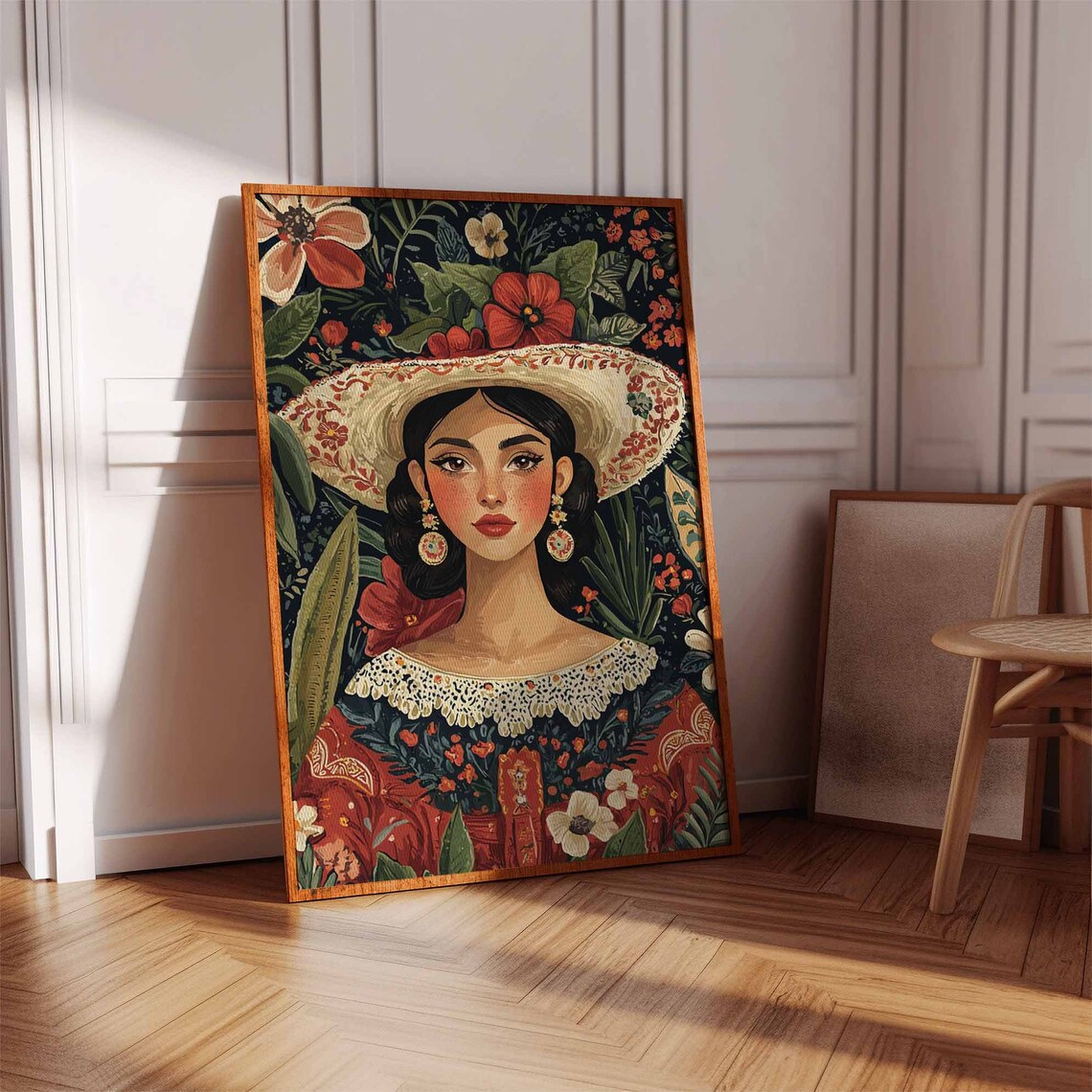 Elegant Latina Woman Straw Hat Lace Collar Dark Floral Art Poster - Image 3
