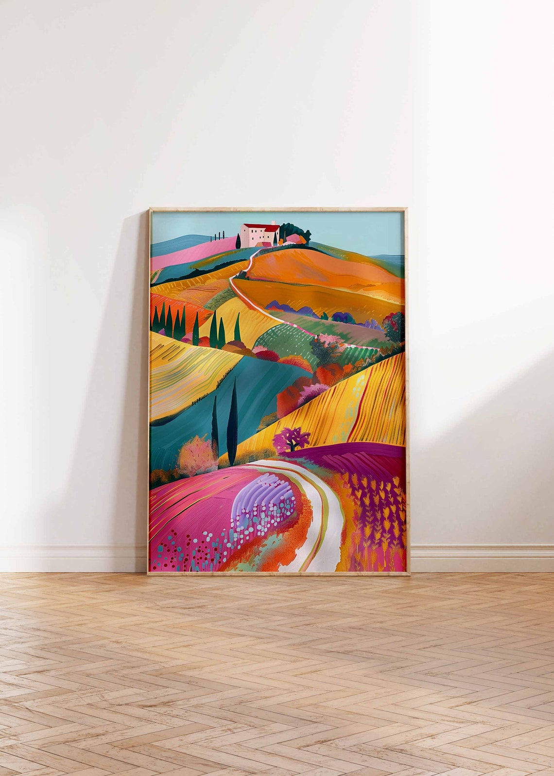 Italian Hilltop Village Valley Cypress Trees Landscape Art Print - Image 2