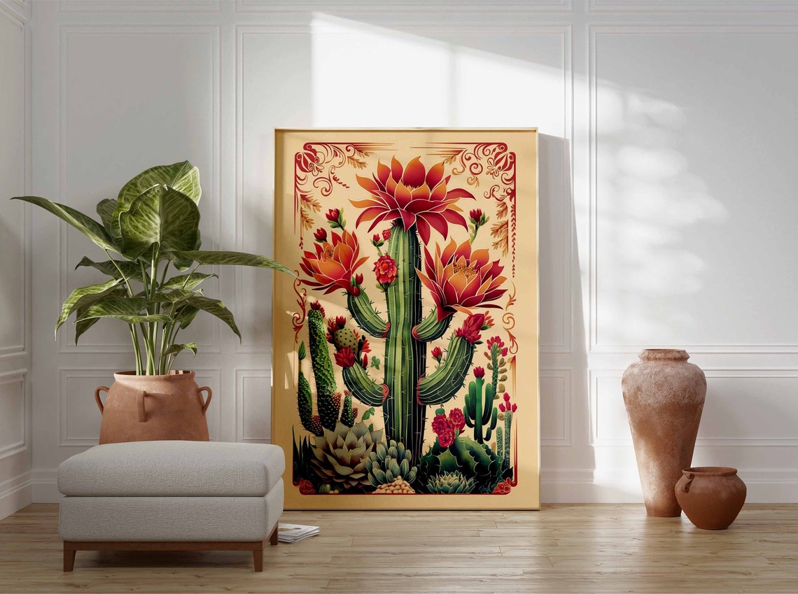 Columnar Cactus With Red Orange Flowers Botanical Art Poster Gift - Image 2