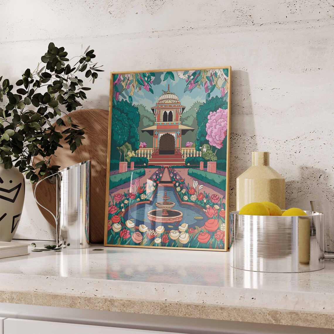 Indian Garden Pavilion Dome Fountain Tulip Flower Art Poster - Image 3