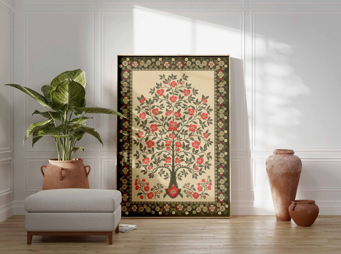 Red Blossom Indian Tree of Life Medallion Border Poster Folk Art Gift - Image 2