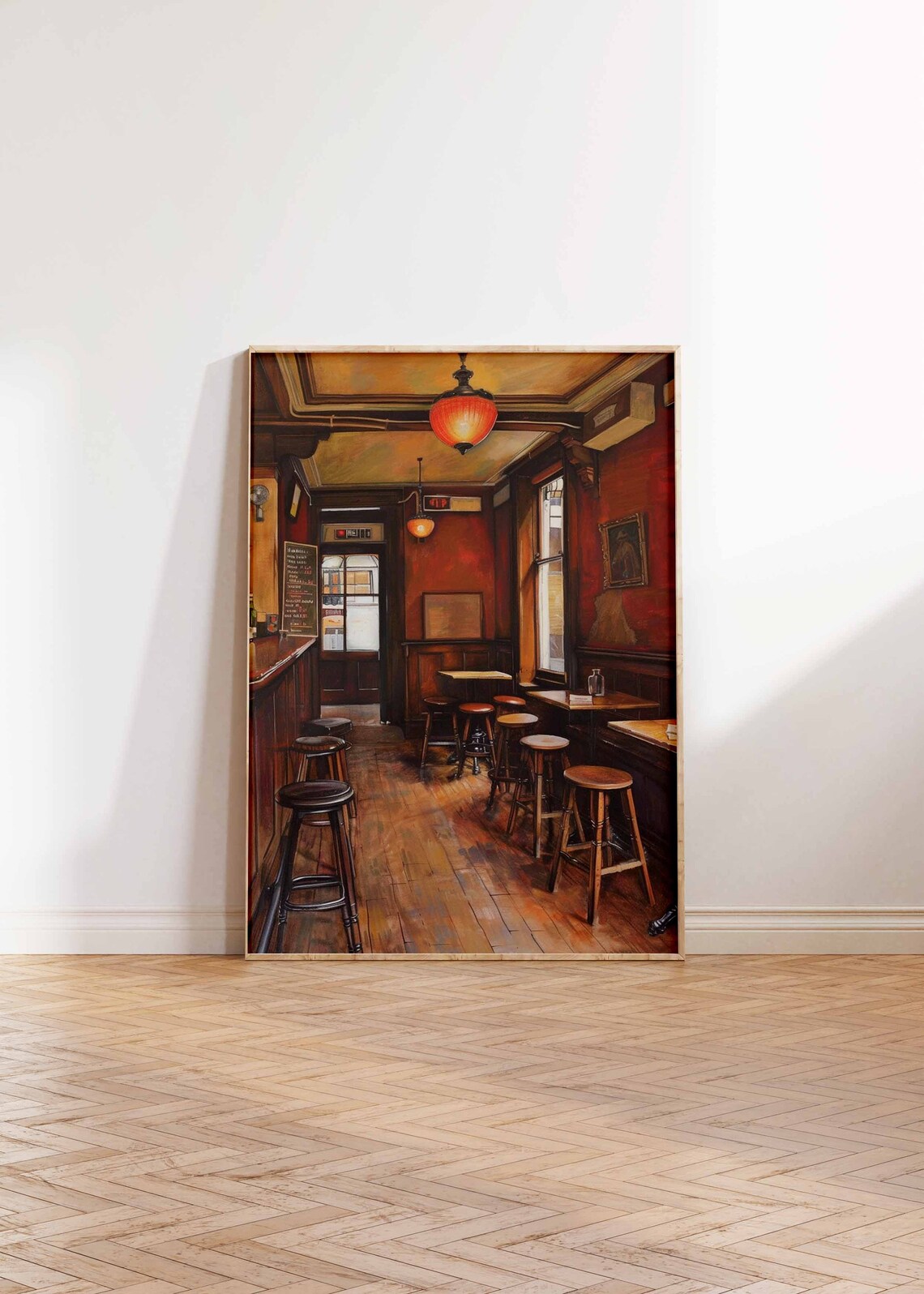 Vintage British Pub Interior Dark Wood Bar Oil Painting Art Print - Image 2
