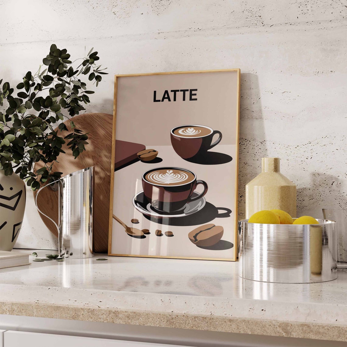 Latte Two Cups Latte Art Warm Beige Modern Kitchen Decor Poster - Image 3
