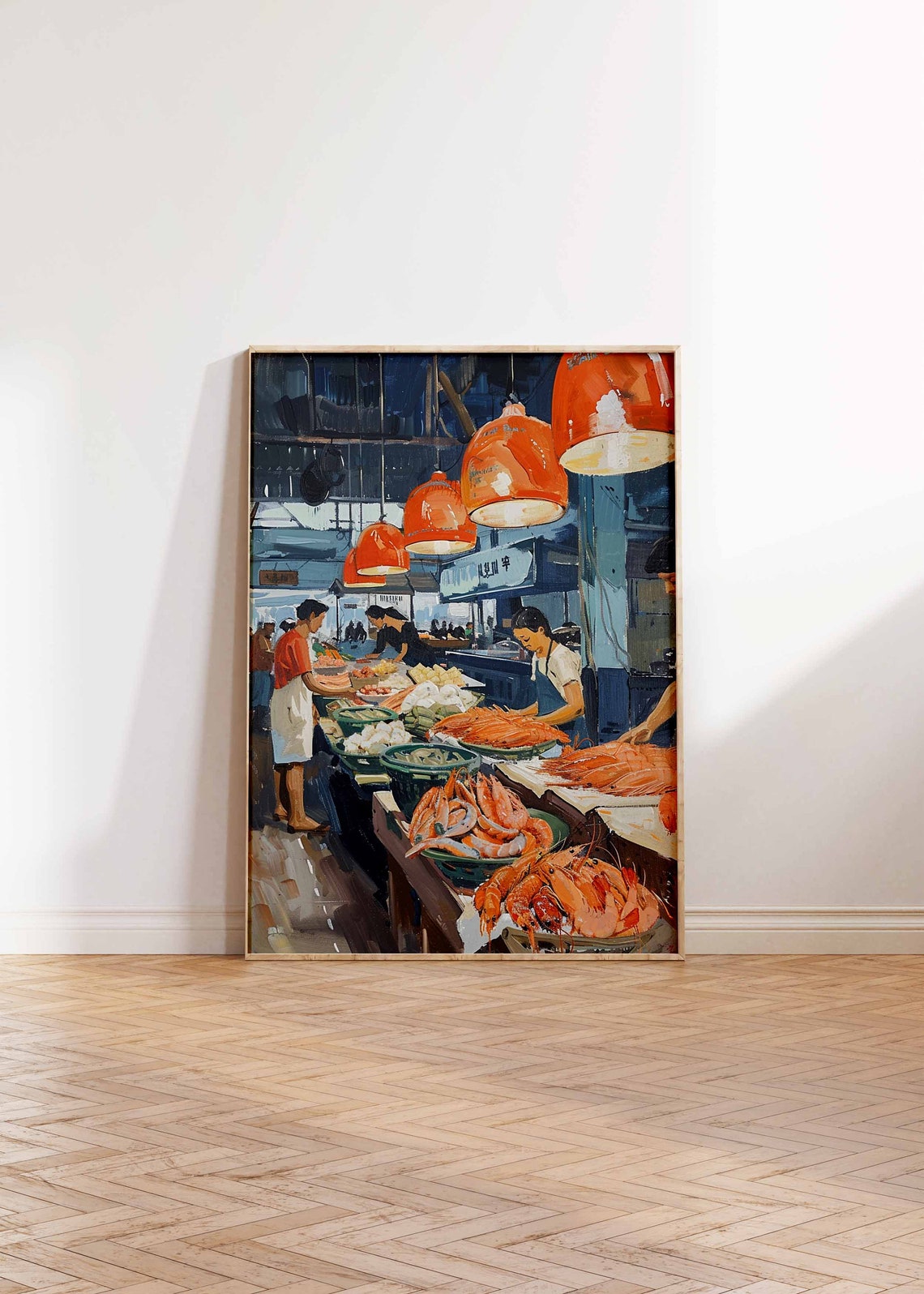 Asian Seafood Market Vendors Shrimp Stalls Bustling Painting Poster - Image 2