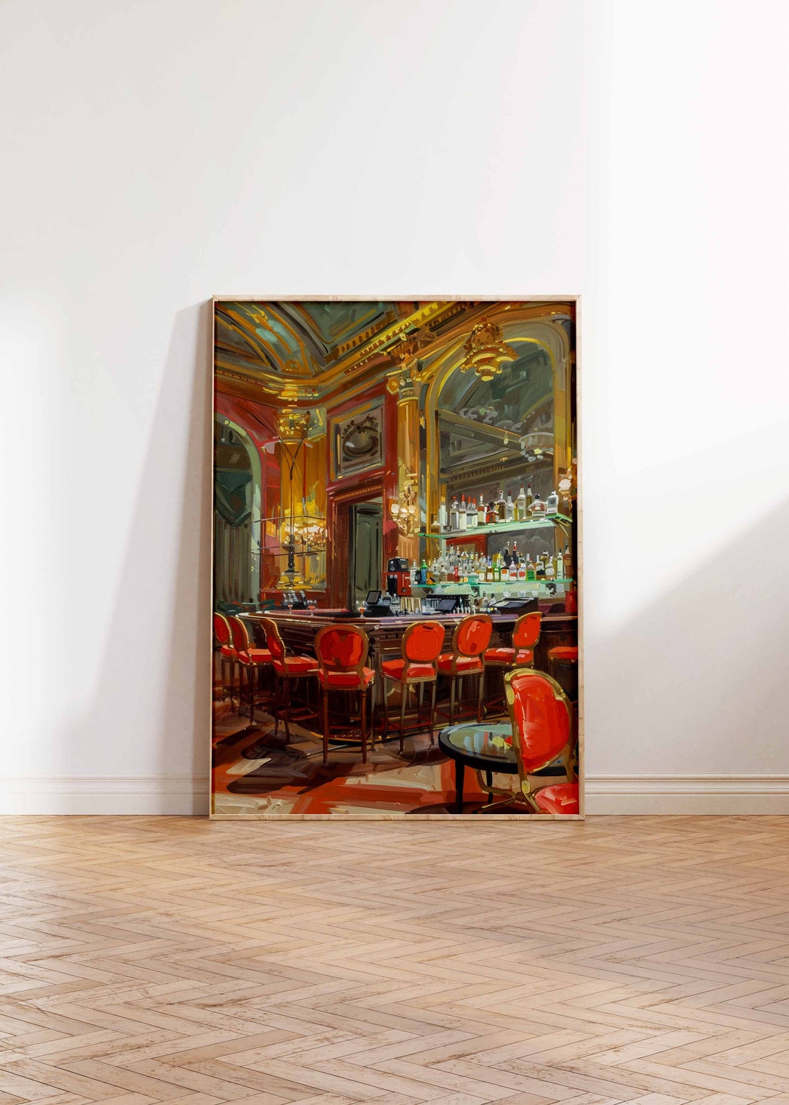 Golden Casino Bar Red Stools Bottles Glam Interior Art Poster - Image 2