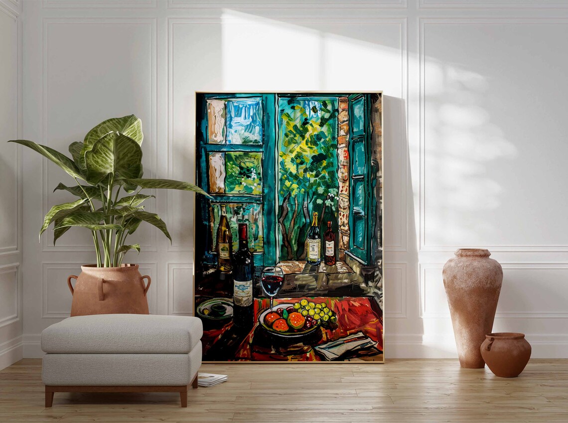 Wine Still Life Open Window Fruit Bowl Oil Painting Style Poster - Image 3