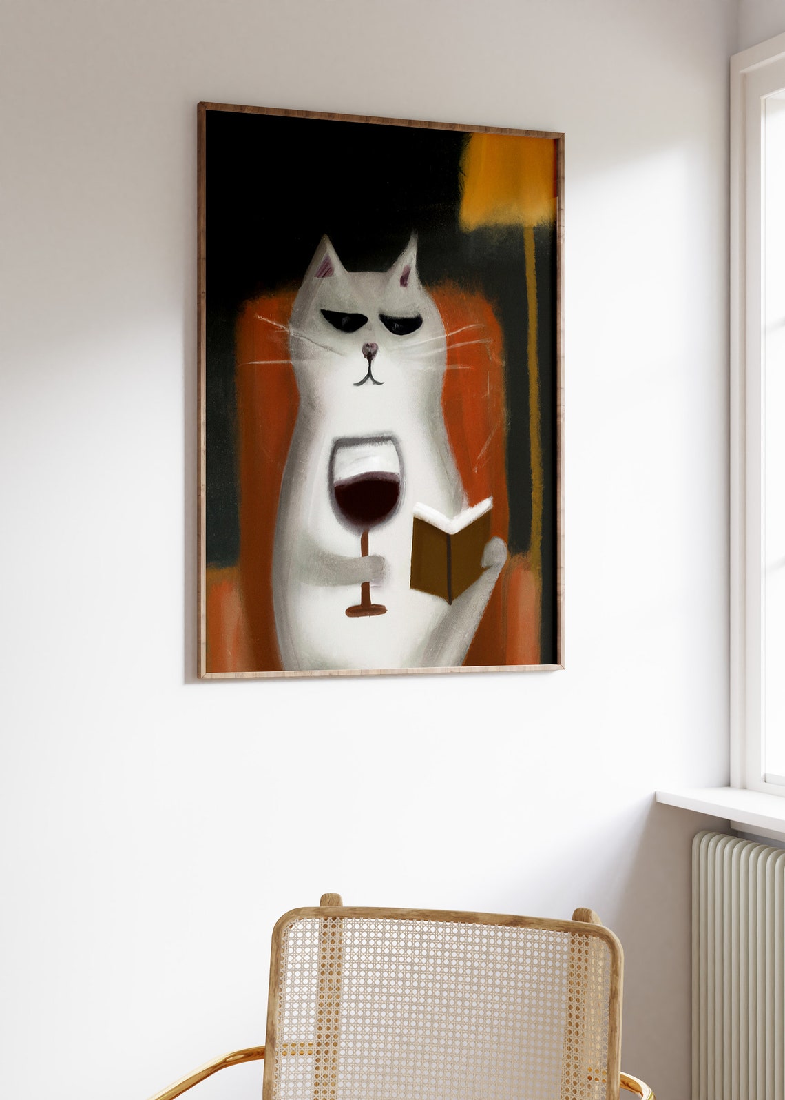 Funny White Cat with Cool Sunglasses Wine Glass and Book Poster - Image 2