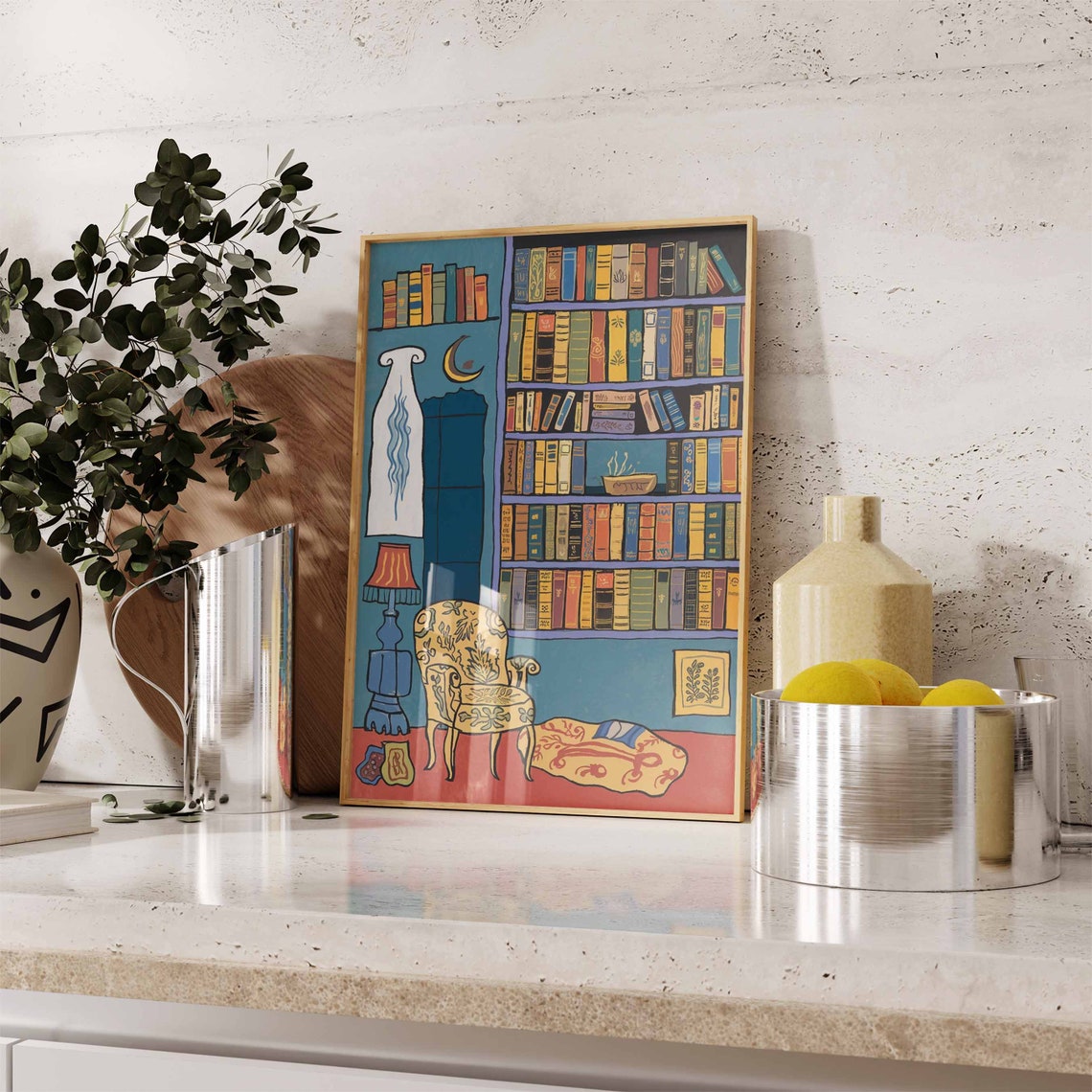 Cozy Library Reading Nook Moon Armchair Book Lover Wall Poster - Image 2