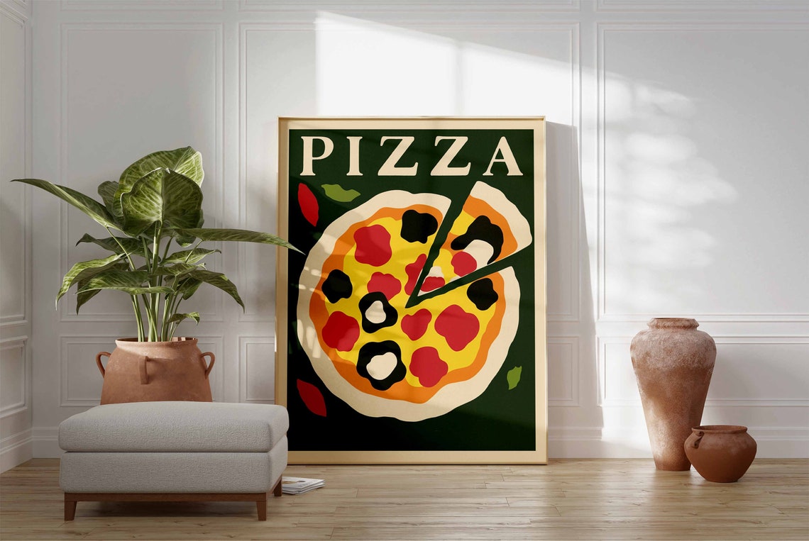 Vintage Hand Drawn Pizza Slice Green Italian Kitchen Art Poster - Image 3