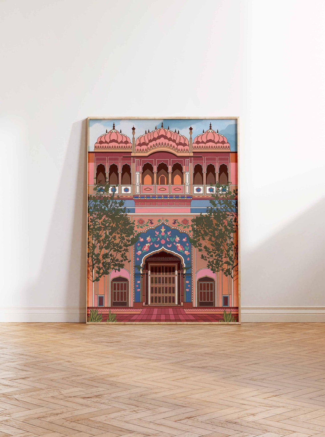 Pink Sandstone Triple Domed Palace Facade Rajasthani Art Poster - Image 2