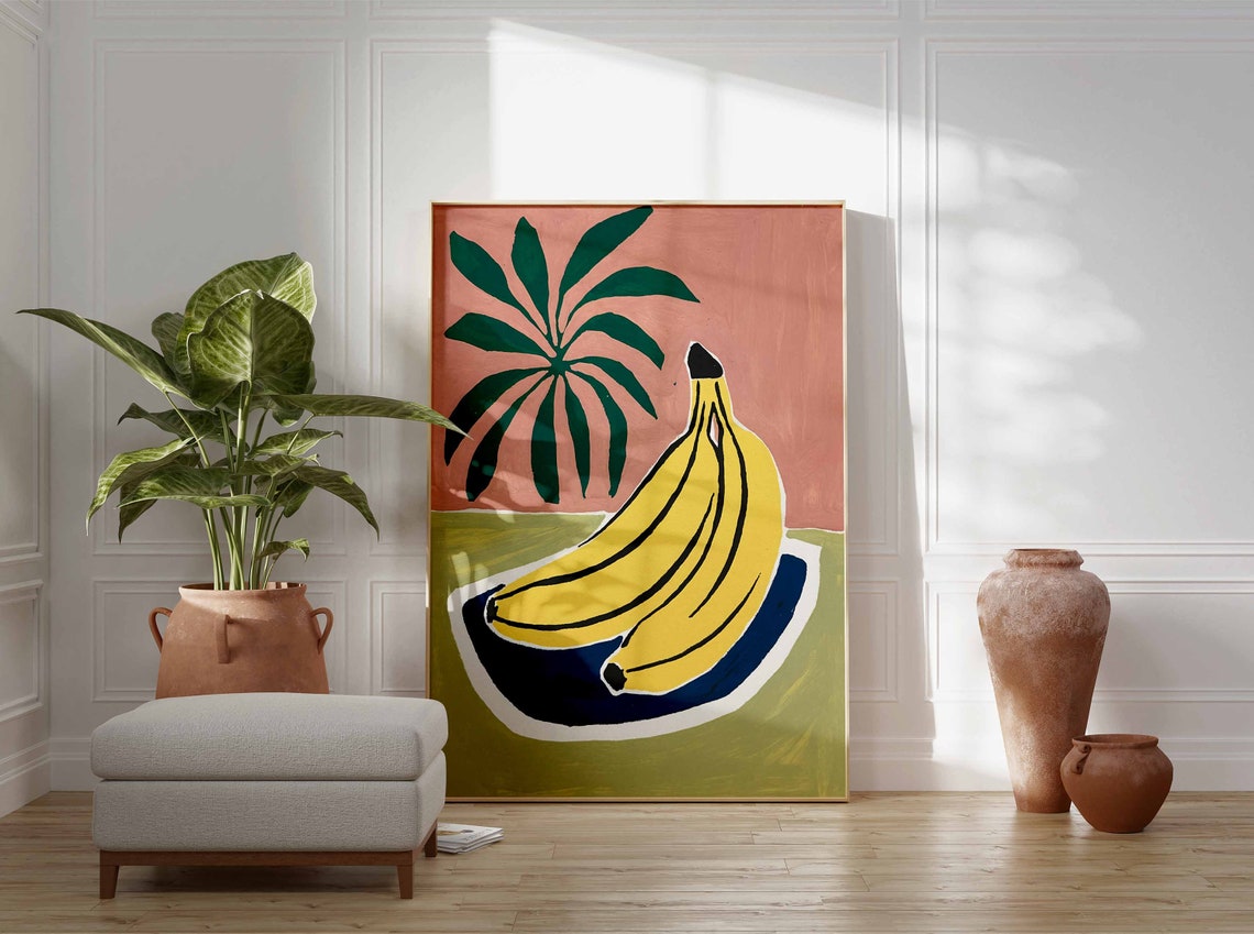 Bananas On Blue Plate With Palm Frond Modern Fruit Art Poster - Image 3