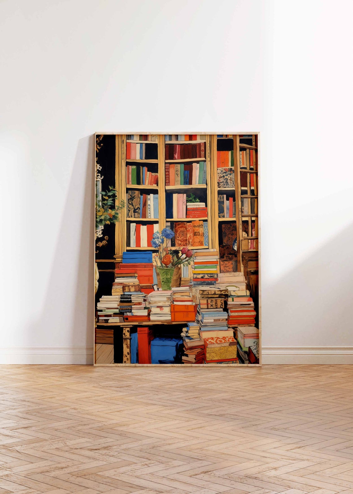 Vintage Library Tall Bookshelves Stacked Books Reading Poster - Image 3
