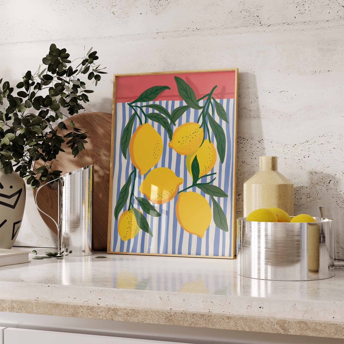 Lemon Branch on Blue White Stripes Citrus Kitchen Art Poster - Image 2