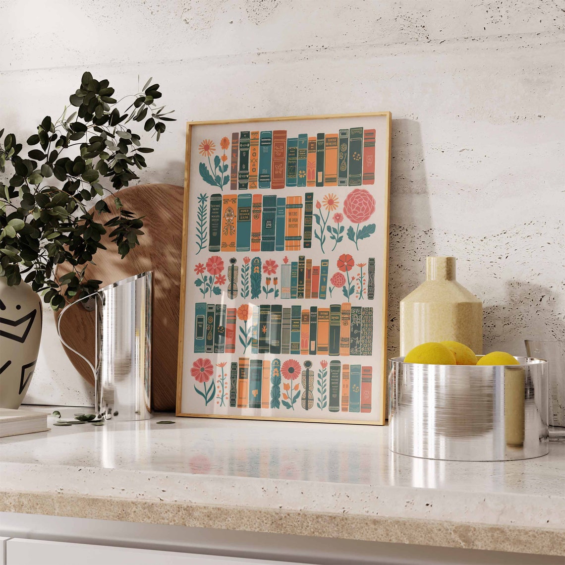 Vintage Library Book Rows with Wildflowers Botanical Book Poster - Image 2