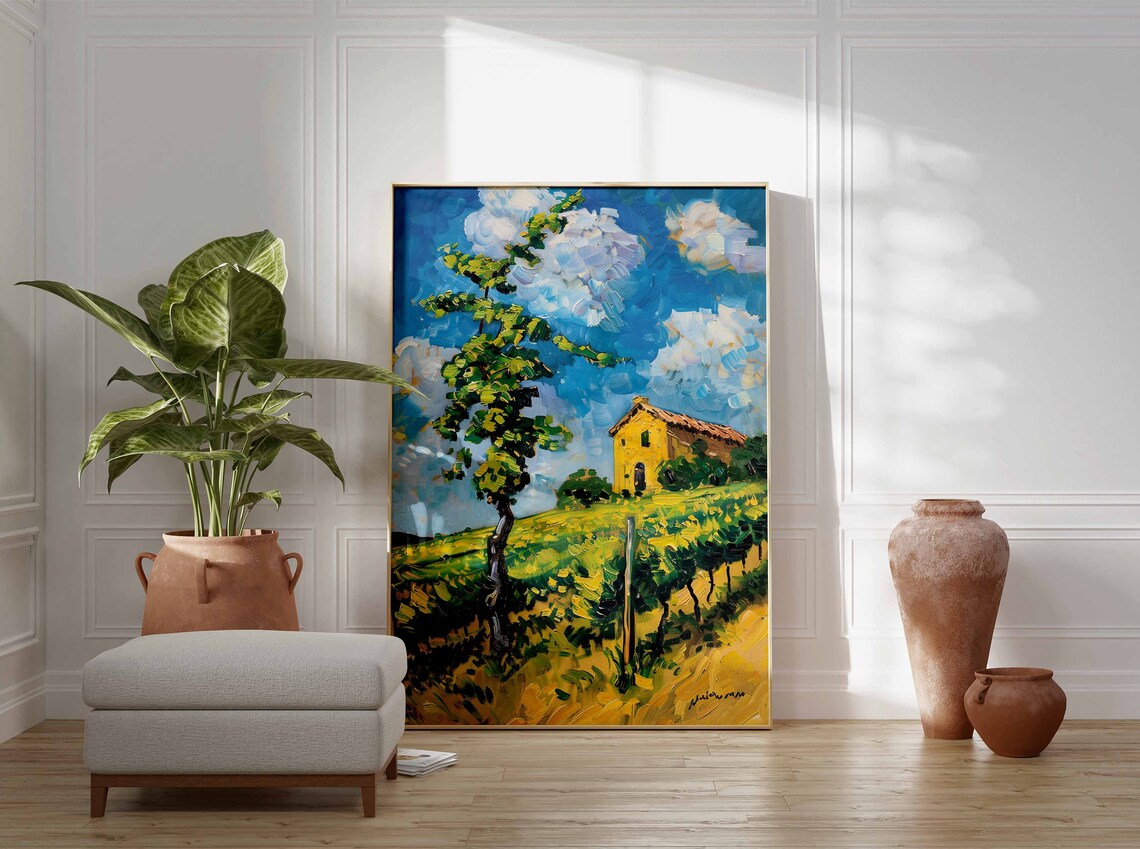 Bold Yellow Villa Vineyard Art Poster Impasto Countryside Landscape - Image 3