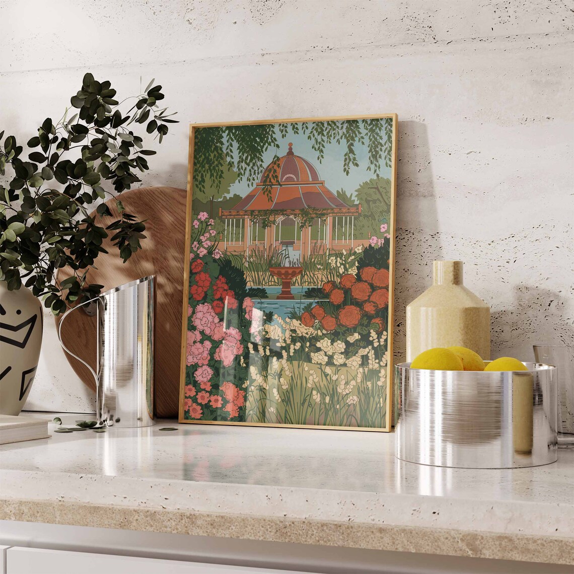 Vibrant Rose Garden Domed Pavilion Fountain Floral Art Poster - Image 3