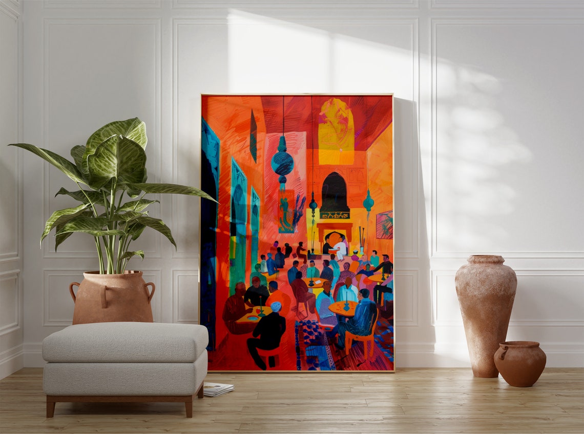 Bustling Moroccan Restaurant Red Orange Lantern Scene Poster - Image 3