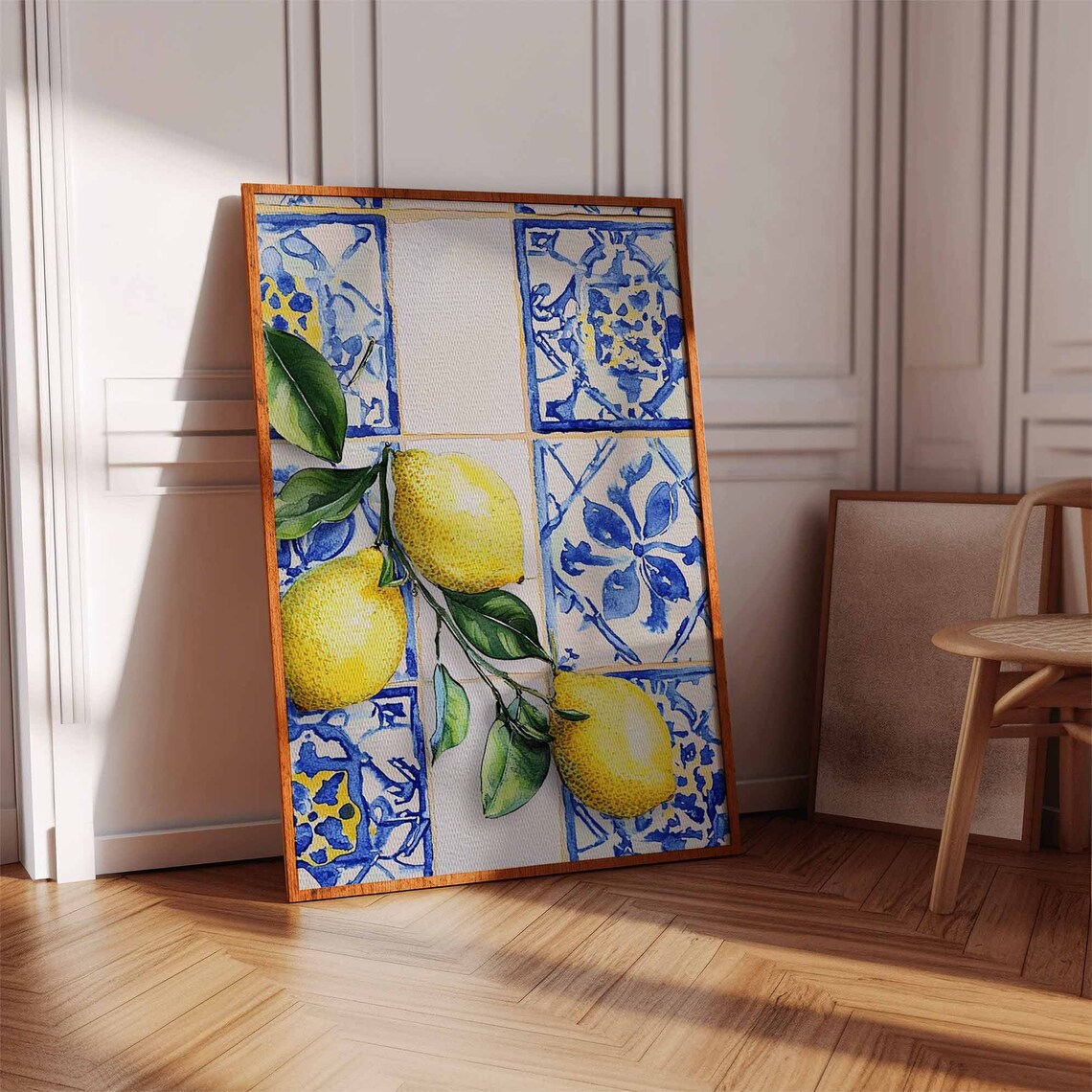 Fresh Lemon Branch on Blue White Tiles Watercolor Art Poster - Image 2
