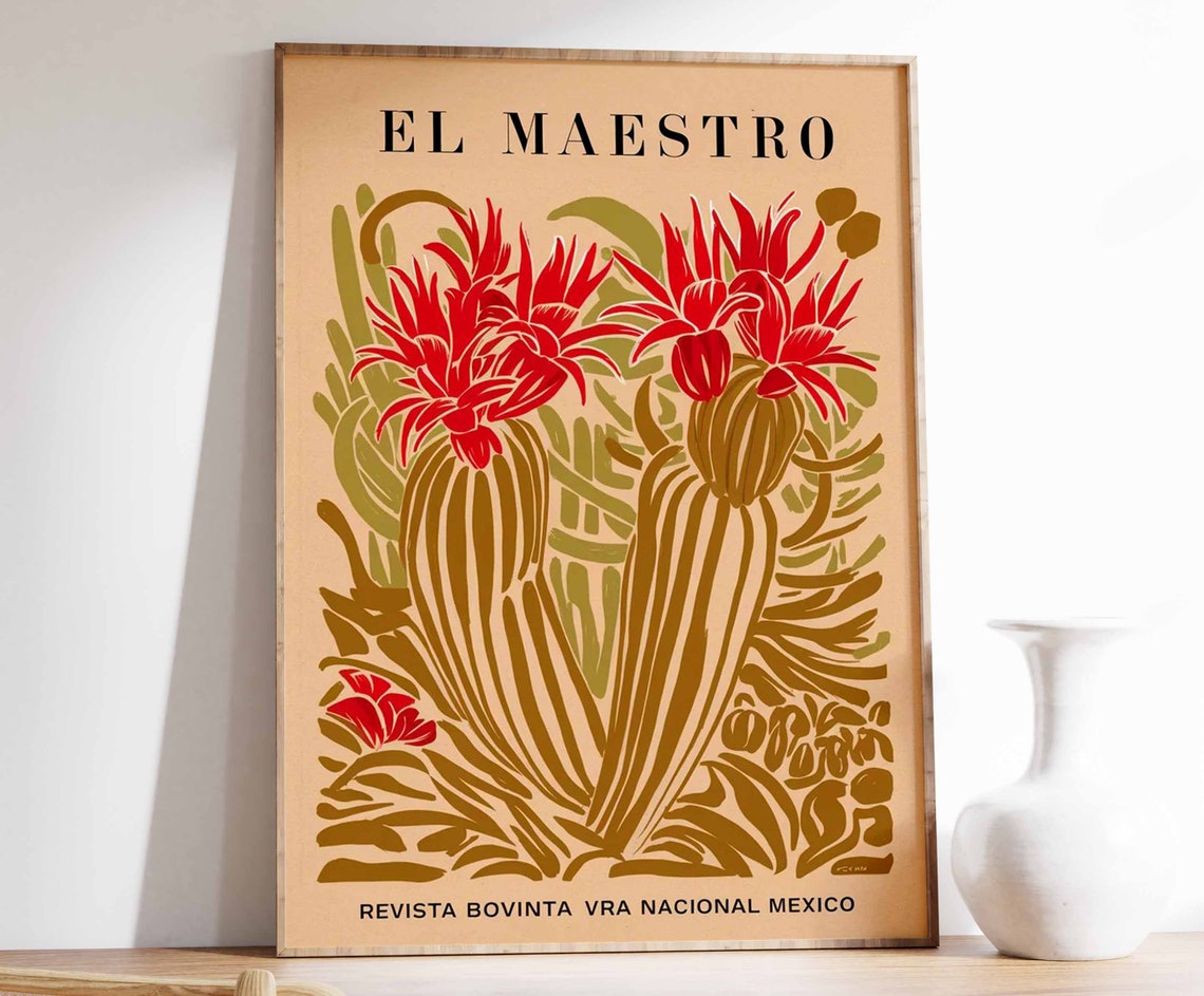 El Maestro Golden Cactus Red Blooms Art Deco Magazine Poster