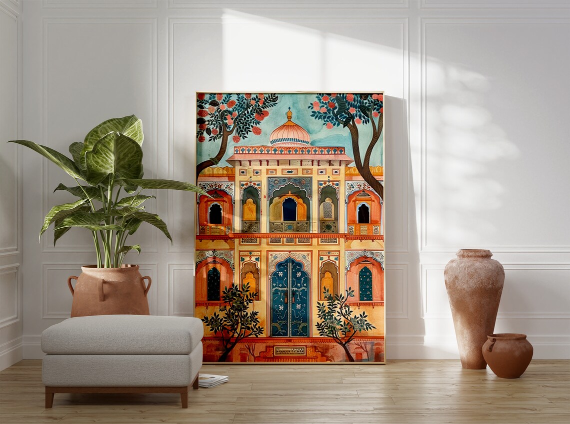Traditional Indian Palace Watercolor Haveli Architecture Wall Poster - Image 3