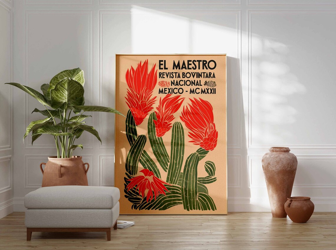 El Maestro Red Flowering Cacti Vintage Mexico Magazine Art Poster - Image 2