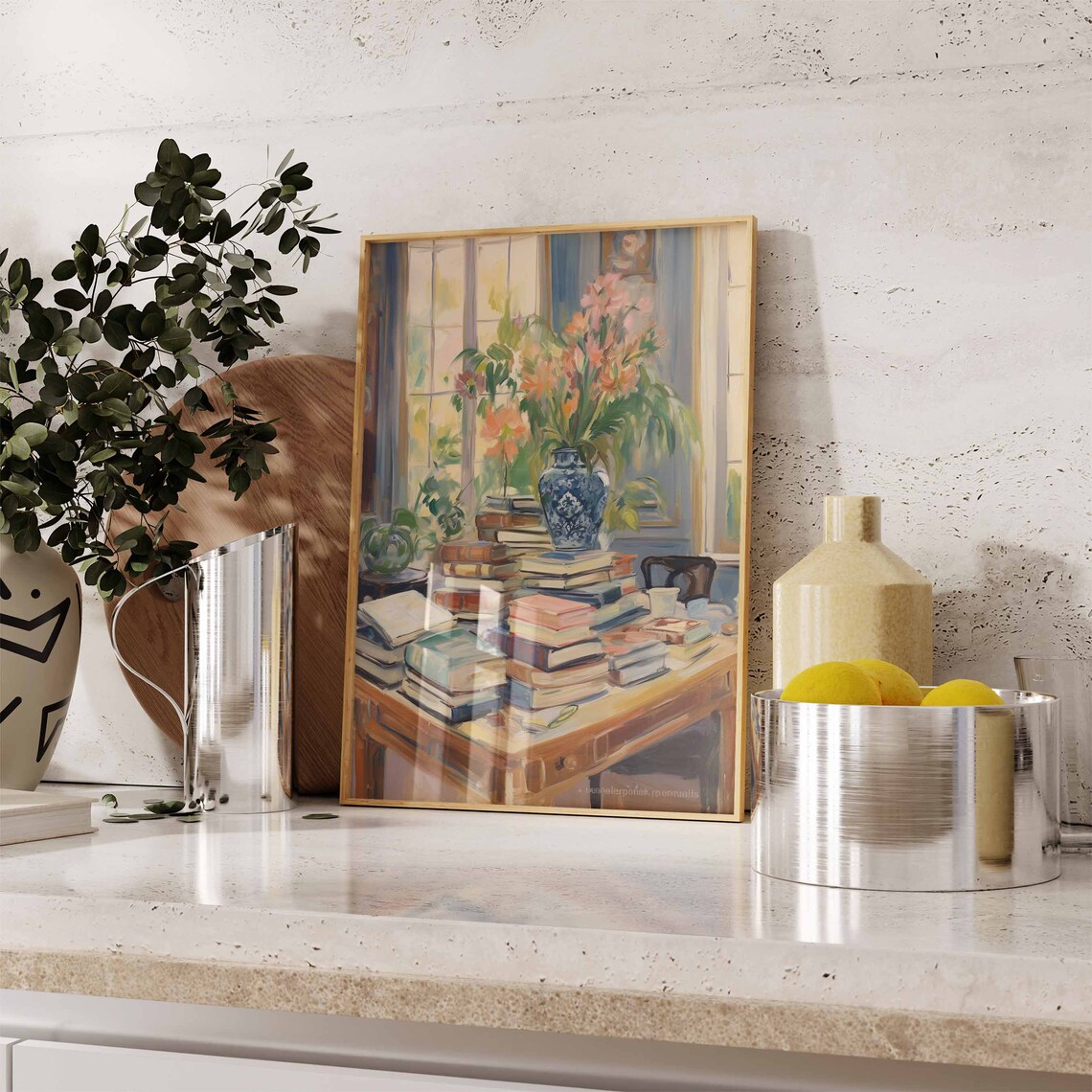 Vintage Stacks of Old Books Beside Window Flowers Painting Poster - Image 2