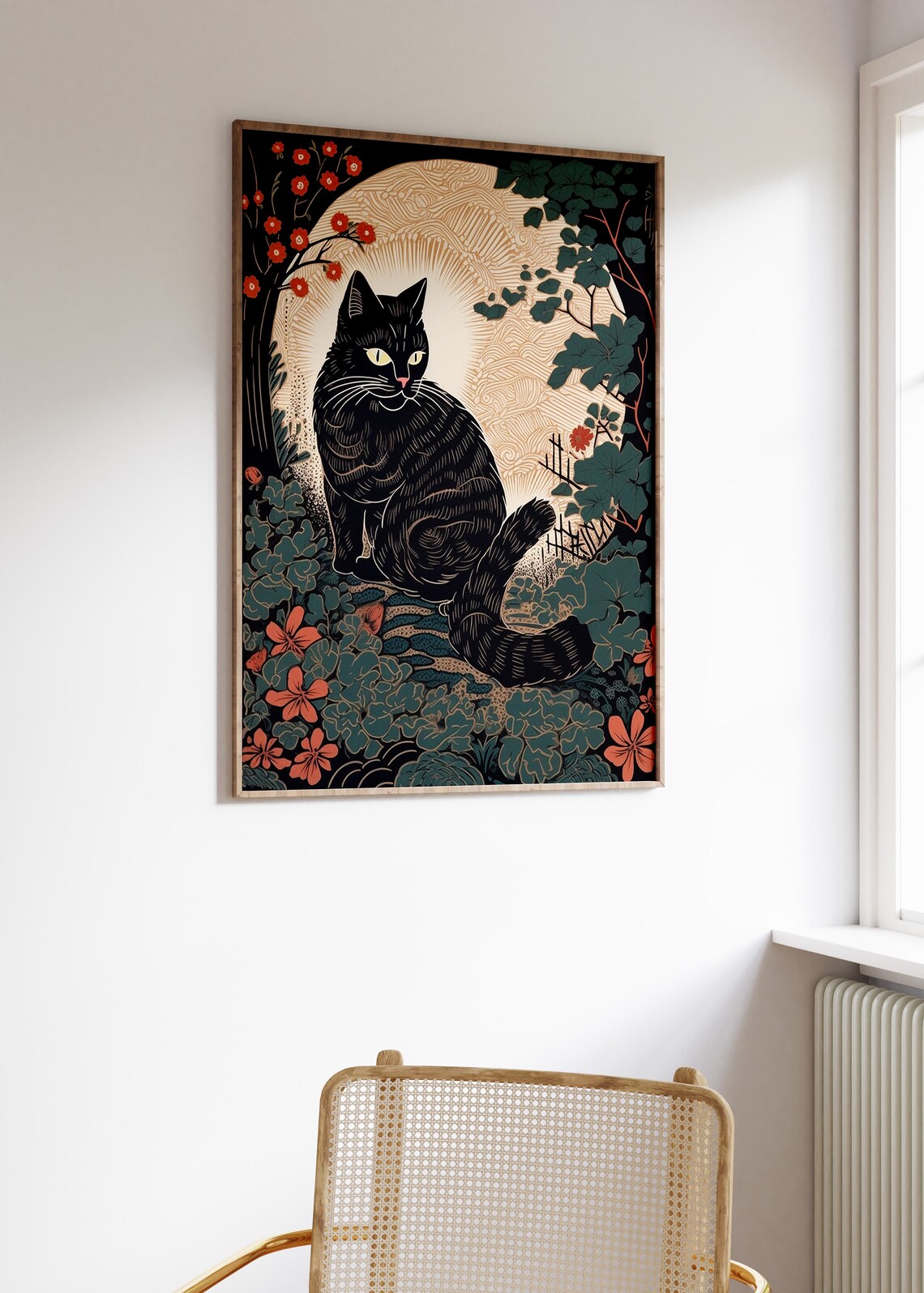 Japanese Black Cat Full Moon Vintage Woodblock Style Art Print - Image 3