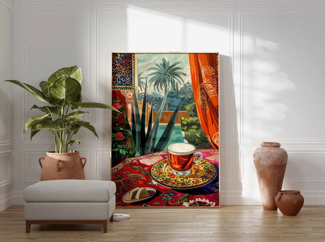 Arabic Tea Glass Art Poster Moroccan Courtyard Palm Garden Scene - Image 3
