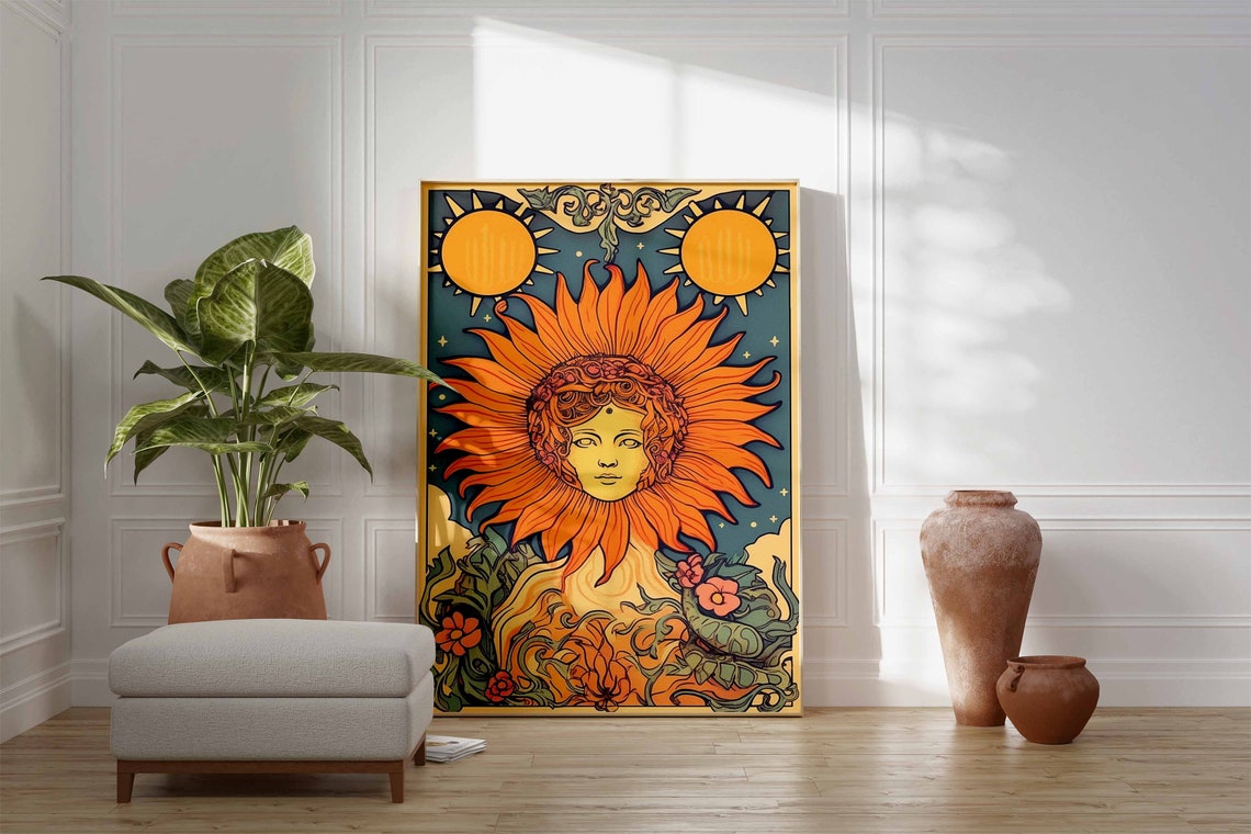 Sun Goddess Tarot Style Mystical Celestial Art Nouveau Floral Poster - Image 3