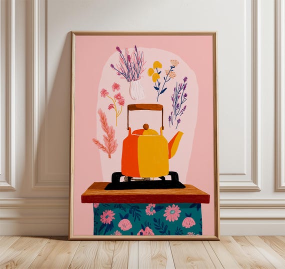Retro Kettle Poster Modern Kitchen Wall Art Print Colorful Boho Home Decor Vintage Enamel Teapot Artwork Floral Illustration