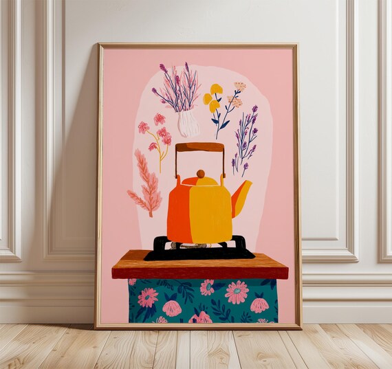 Retro Yellow Kettle Stove Pink Floral Kitchen Vintage Art Poster
