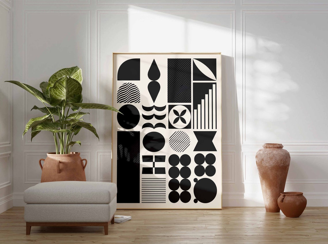 Black and White Modern Abstract Geometric Bauhaus Pattern Wall Art - Image 3