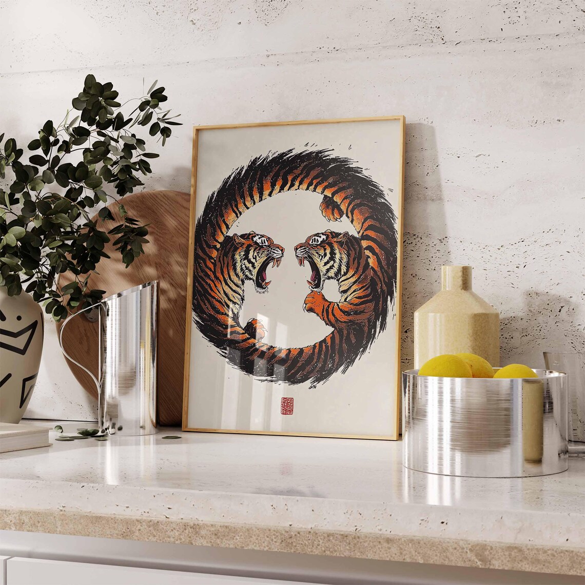 Japanese Tiger Circle Twin Facing Tigers Yin Yang Style Art Poster - Image 3